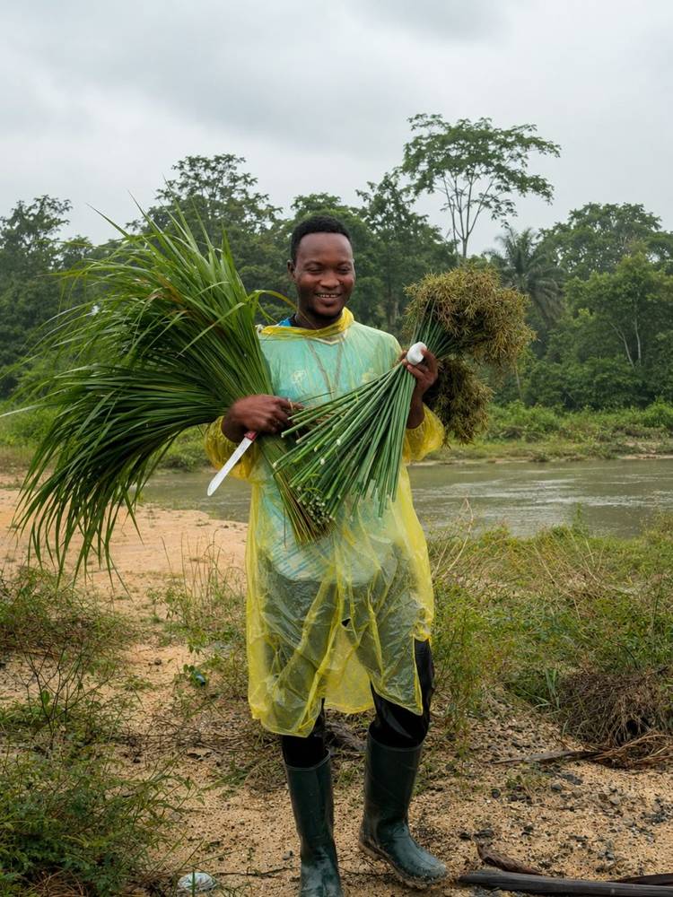 A grower on the riverbank holding two freshly cut bundles of grasses and stems